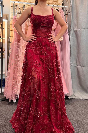 Beautiful Satin Spaghetti Straps Lace Appliques Prom Dress Evening Dress HZ1023